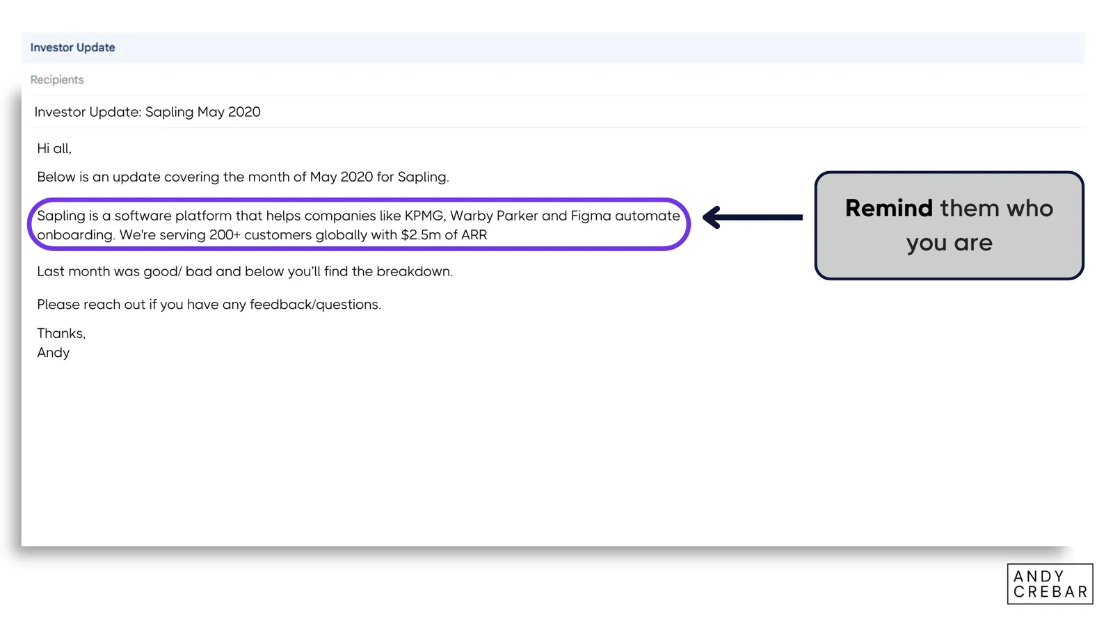 Investor update email with a highlighted section and text saying 'Remind them who you are' - Andy Crebar